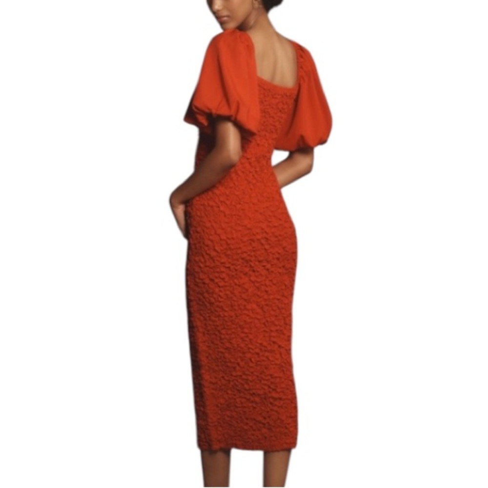 Anthropologie Dolan Red Puff Sleeve Pebble Smocked Ruched Midi Dress Size XS - Picture 3 of 12